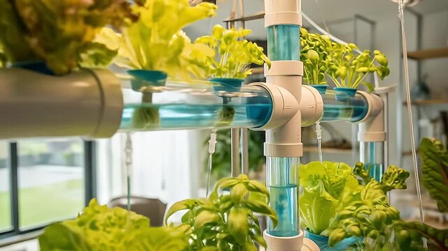 Close-up of an indoor hydroponic system growing lettuce, basil, and swiss chard