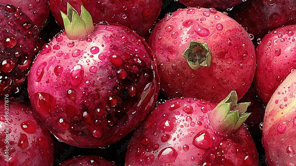 Poster a macro shot of red apples with water droplets above and below them