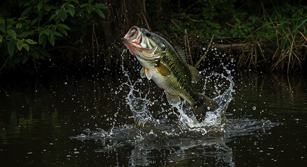 Dynamic Largemouth Bass Leaping from Dark Water, Splashing, Wildlife Photography.