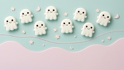 kawaii pastel dashed divider line with tiny smiling ghosts floating above
