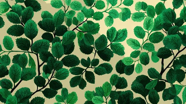   A zoomed-in view of a green leafy design on a white wallpaper featuring green foliage against a beige backdrop