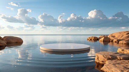 Serene minimalist platform floats on calm water with a bright sky and sunlit rocks creating a tranquil scene.