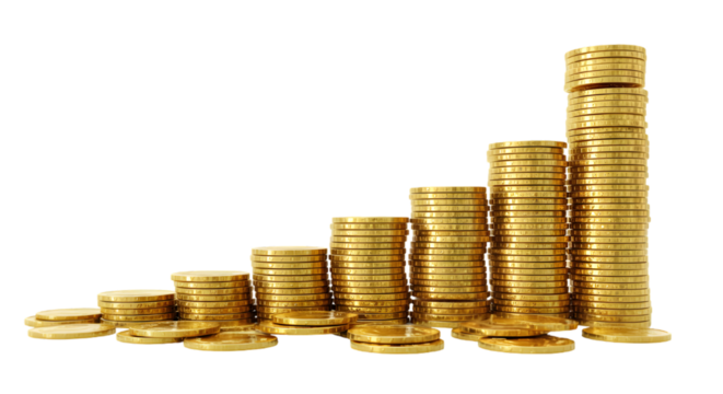 Financial Growth: A visual metaphor for financial prosperity, this image showcases a series of meticulously stacked gold coins.
