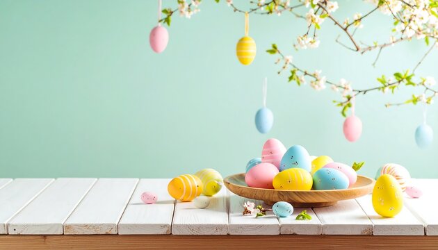 Pastel Easter eggs on white table - Powered by Adobe
