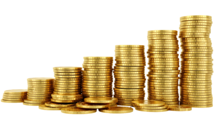 Financial Growth Concept: Stacks of shiny golden coins arranged in ascending order, a metaphor for financial progress, investment, and prosperity. Illustrating the concept of wealth and accumulation.