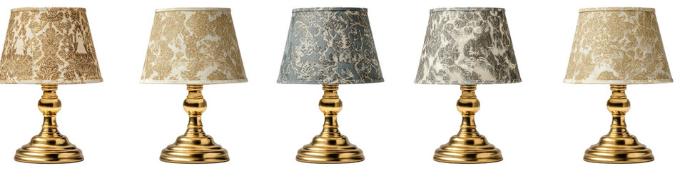 Five small table lamps with patterned shades in varying light beige and gray tones