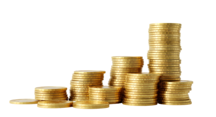Financial Growth: Gold coins stacked to demonstrate financial increase and prosperity, representing the concept of money and investment