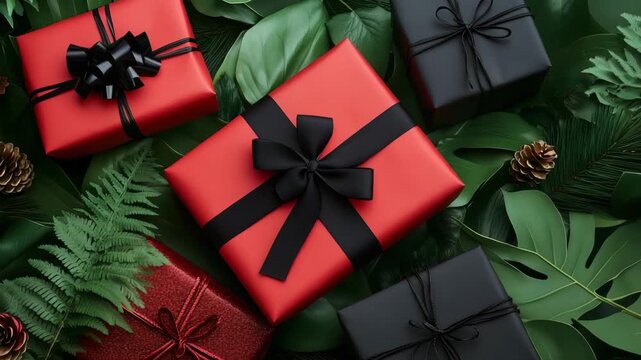 Present an array of red and black wrapped gifts surrounded by greenery and pine cones for a festive decoration setup