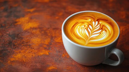 Delicious Close-Up of Creamy Coffee with Beautiful Latte Art on Rustic Background