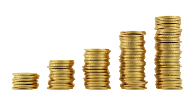 Financial Ascent: Golden coins stacked high in a visual representation of financial growth, investment gains, and monetary success, embodying the principles of wealth.