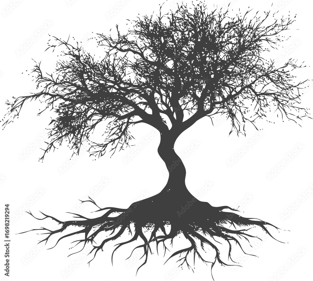 Poster tree vector hand drawn line art in nature, tree silhouette with roots in style — stock vector