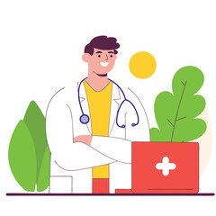 Doctor with stethoscope and laptop in modern medical office