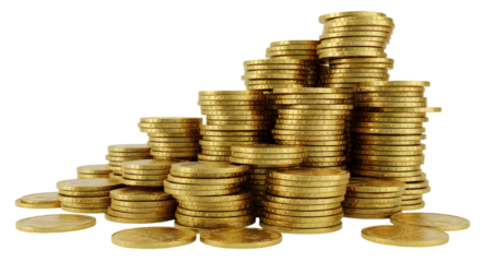 Golden Stacks of Wealth: A towering array of gleaming golden coins signifies financial prosperity and investment success, symbolizing the potential for growth and stability.