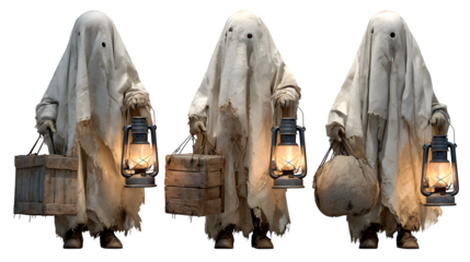 HD realistic clipart set of ghostly figures holding old lanterns isolated on white background