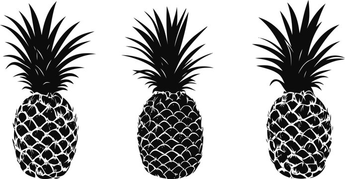 Pineapple vector hand drawn line art in nature, pineapple silhouettes set in bold black — stock vector
