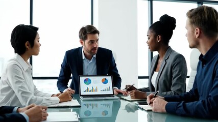 Diverse Business Team Analyzing Financial Data and Graphs on Laptop During Office Meeting - Powered by Adobe
