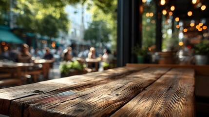 Warm, inviting interior of a bustling urban coffee shop with patrons in soft focus. The foreground features an empty, rustic wooden table waiting for guests.