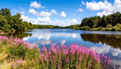 Scenic lake with pink flowers under a partly cloudy sky