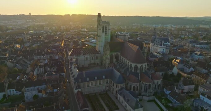 Aerial view of cities of Sens Burgundy France flying over the old historic center