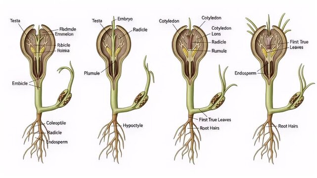 Detailed diagram illustrating the growth stages of plant germination and seedling development