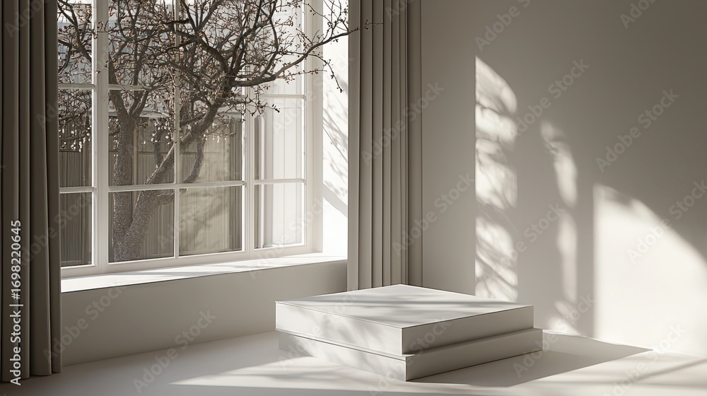Poster minimalist interior design with natural light and window view featuring tree branches casting shadow