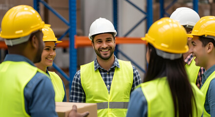 Happy diverse team of warehouse workers collaborating on a project in a modern facility teamwork success logistics industry