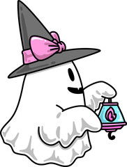 Halloween Ghost with Witch Hat and Lantern Doodle Cartoon