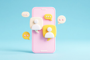 Pink Smartphone with Two Floating People Icons in White and Yellow.