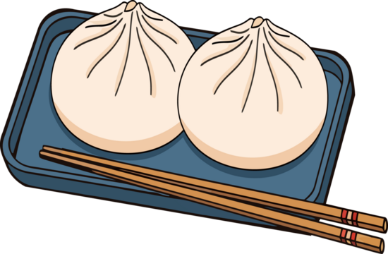 A blue rectangular dish holds two pleated, steamed dumplings, likely xiao long bao, with chopsticks resting beside it. The scene suggests a classic Asian meal.