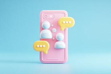 Pink Smartphone with Two Floating People Icons in White and Yellow.