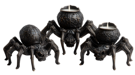 Trio of spider-shaped candle holders, isolated on white background