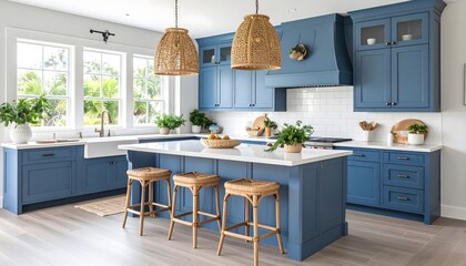 Modern Coastal Kitchen Design with Blue Cabinets, Woven Pendants, and Island Seating