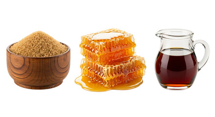 Brown sugar, honeycomb, and maple syrup isolated on transparent background