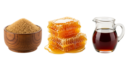 Brown sugar, honeycomb, and maple syrup isolated on transparent background
