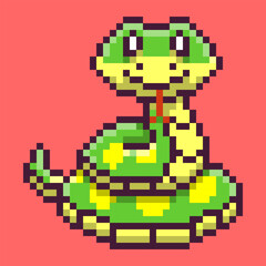 Fototapeta premium An adorable pixel art snake character designed in a friendly, retro 8-bit gaming style. This cute serpent mascot is coiled with a gentle smile brings a playful and nostalgic feel
