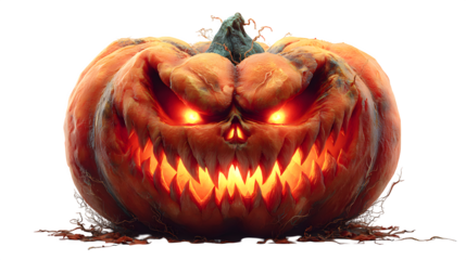 Scary pumpkin with jagged teeth and glowing red eyes, isolated on white background