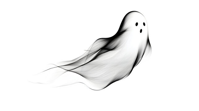Simple black line art ghost outline with playful expression isolated on white background