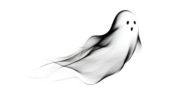 Simple black line art ghost outline with playful expression isolated on white background