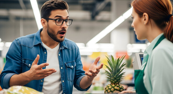 Angry Customer Complaining to Supermarket Cashier Shocked Expression Dispute Resolution Customer Service Grocery Store Retail - Powered by Adobe