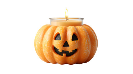 Jack-o-lantern with happy carved face and candle inside, isolated on white background