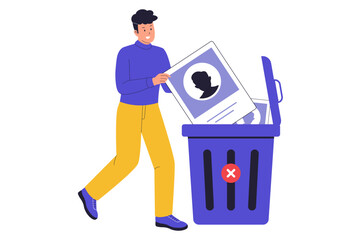 Illustration of Delete Account and Online Profile Removal. Person Deleting Digital Information and Personal Data from a Website or App. person tossing their online profile into a trash bin.
