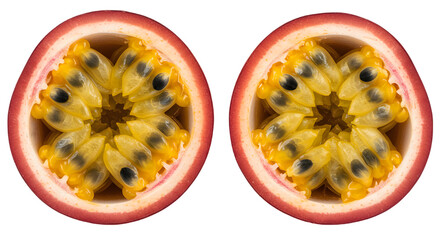 Passion Fruit Duo: A vibrant top-down capture reveals two passion fruit halves. Showcasing their intricate inner beauty, the fruits offer a tantalizing visual invitation.
