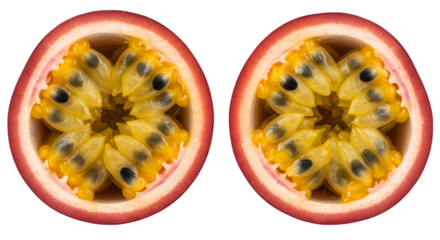 Passion Fruit Duo: A vibrant top-down capture reveals two passion fruit halves. Showcasing their intricate inner beauty, the fruits offer a tantalizing visual invitation.