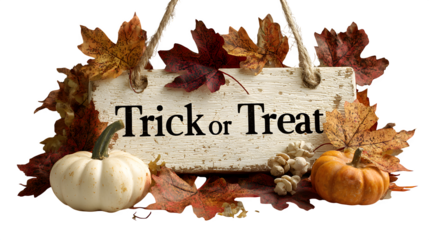 "Trick or Treat" wooden plank sign with autumn leaves and mini pumpkins, isolated on white background