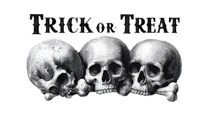 "Trick or Treat" vintage circus poster style with skulls and bones, isolated on white background
