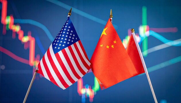 United States and China flags waving over financial charts, symbolizing global economic competition