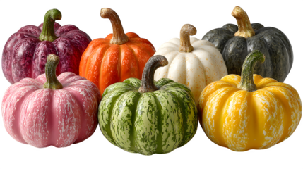 Collection of 5 mini pumpkins in assorted colors, isolated on white background
