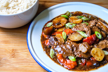 Classic Chinese Style Beef and Black Bean Meal With Boiled White Rice