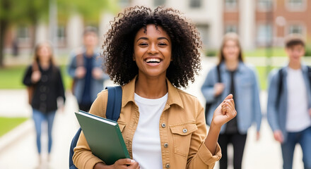 Happy smiling college student walking campus excited for classes education success future goals