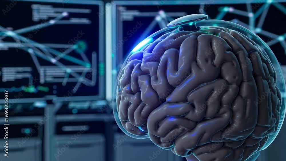 Poster futuristic video concept with a close-up of a brain model in a lab setting. captured from a low angl